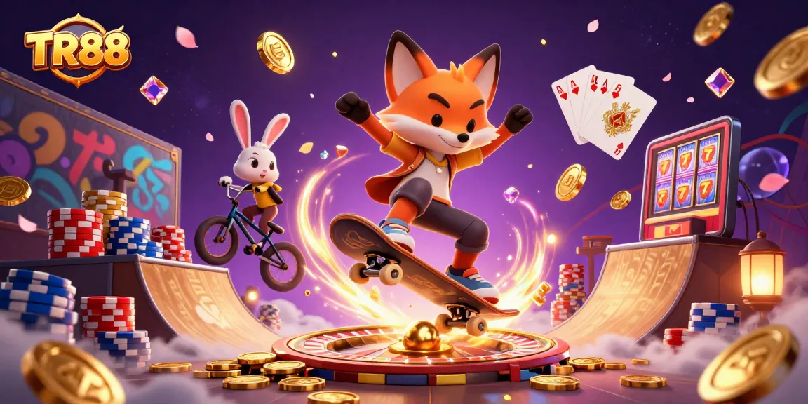 Experience the excitement of TR88 with a skateboarder fox and BMX rabbit in a vibrant casino scene.