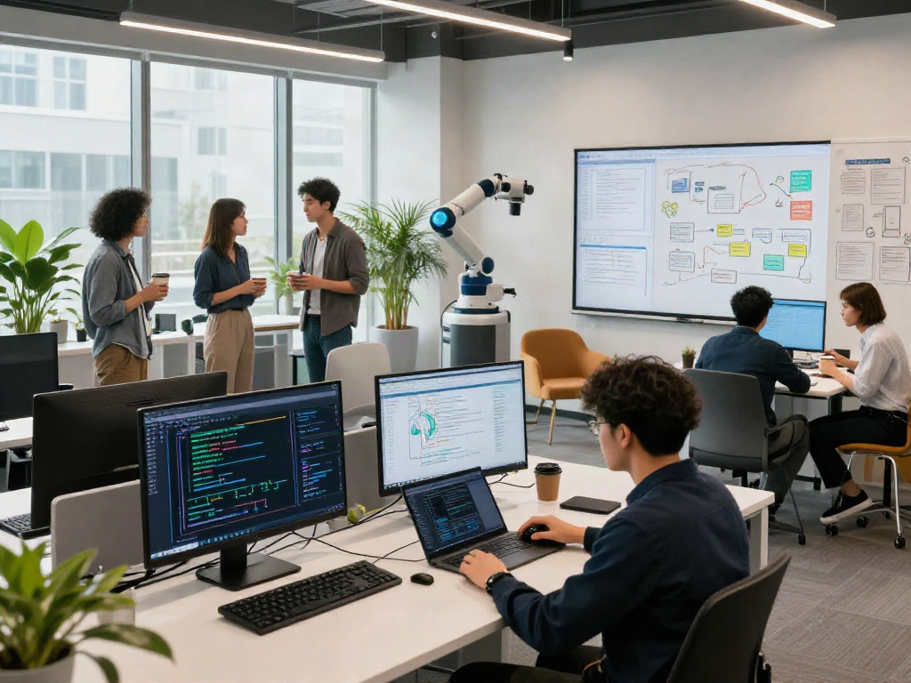 AI technology workspace showcasing crushon team collaborating on innovative projects in a modern office.