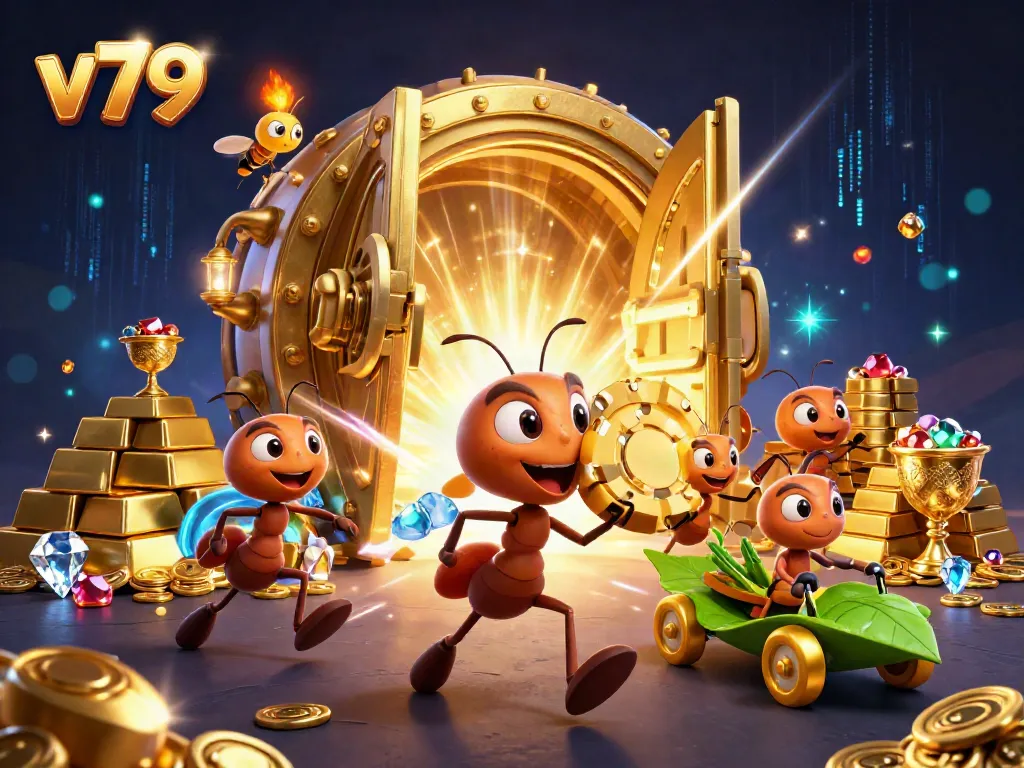 Bet with v79: A 3D scene of ants carrying a giant poker chip amidst gold treasures in a magical tunnel.