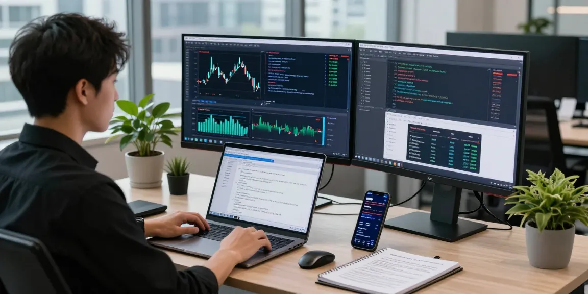 Real-time Forex API developer integrating agricultural high frequency API in a modern office.