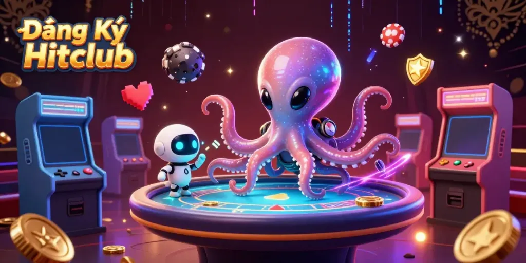 Engage with thrilling gameplay at Đăng Ký Hitclub, featuring a vibrant alien octopus and robot at a holographic poker table.