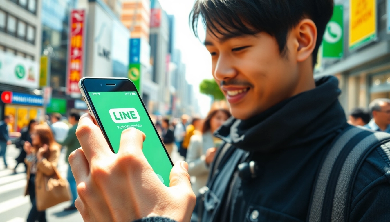 使用LINE應用程式的用戶在城市環境中互動，展示line下載的多媒體通信。