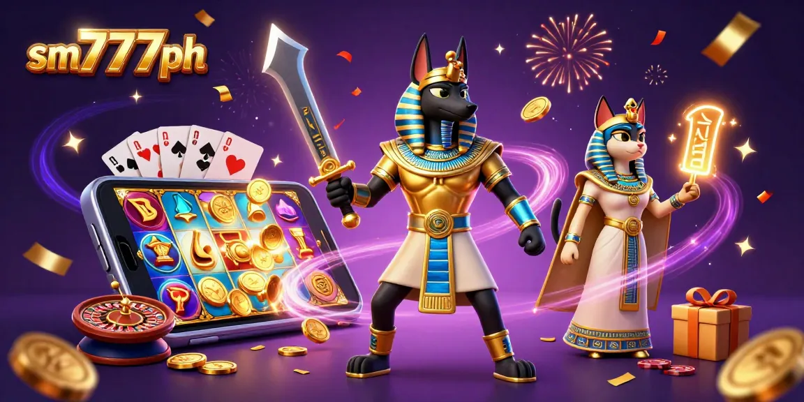 Experience thrilling gameplay at sm777ph with Anubis and Bastet amidst vibrant casino elements.