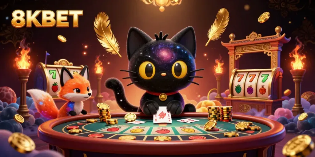 Engage with 8KBET in a cosmic casino setting featuring vibrant characters and dynamic gambling elements.