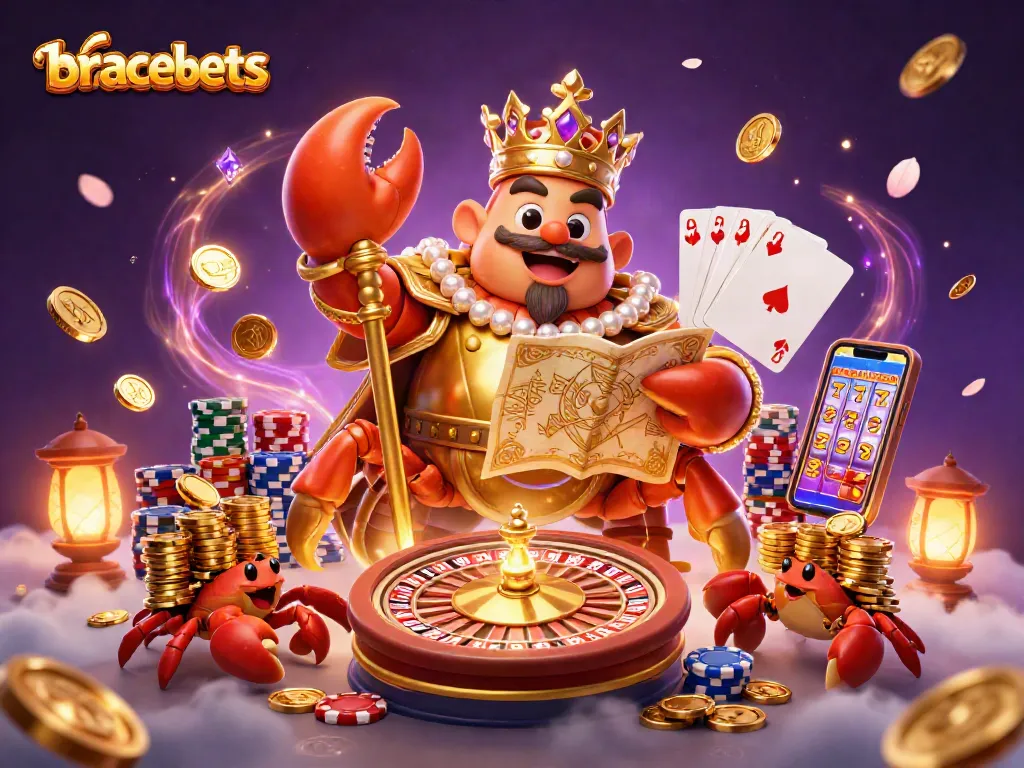 Bracelets spin in excitement as a golden crab emperor leads a vibrant casino scene.