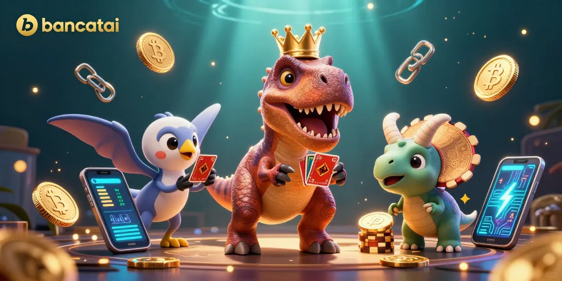 Bancatai showcases a playful dinosaur scene of a T-Rex gaming with cards and cryptocurrency elements in a lively casino atmosphere.