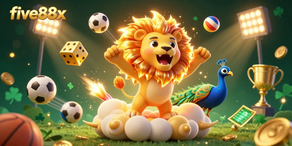 Experience thrilling moments with five88x as the lion roars amidst dynamic sports elements in a vibrant 3D scene.