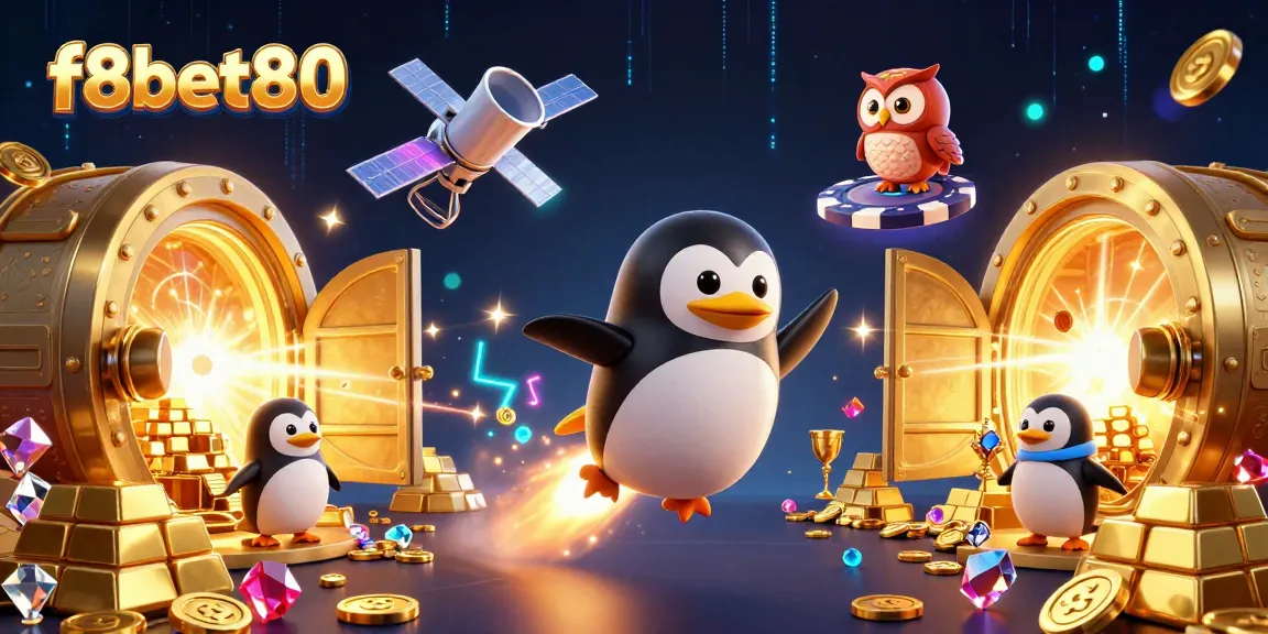 Experience the thrill of f8bet80 with a cartoon penguin and golden treasures in a vibrant casino world.