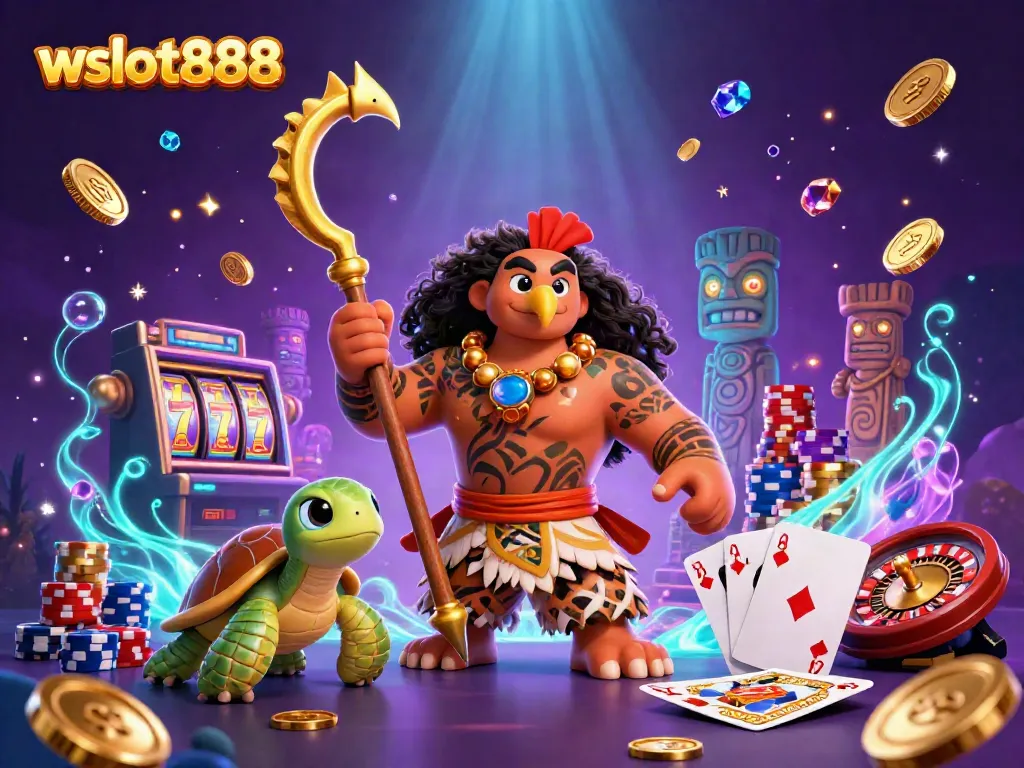 Gali jackpot dalam permainan wslot888 dengan dewa bergaya Maui dan kura-kura lucu.