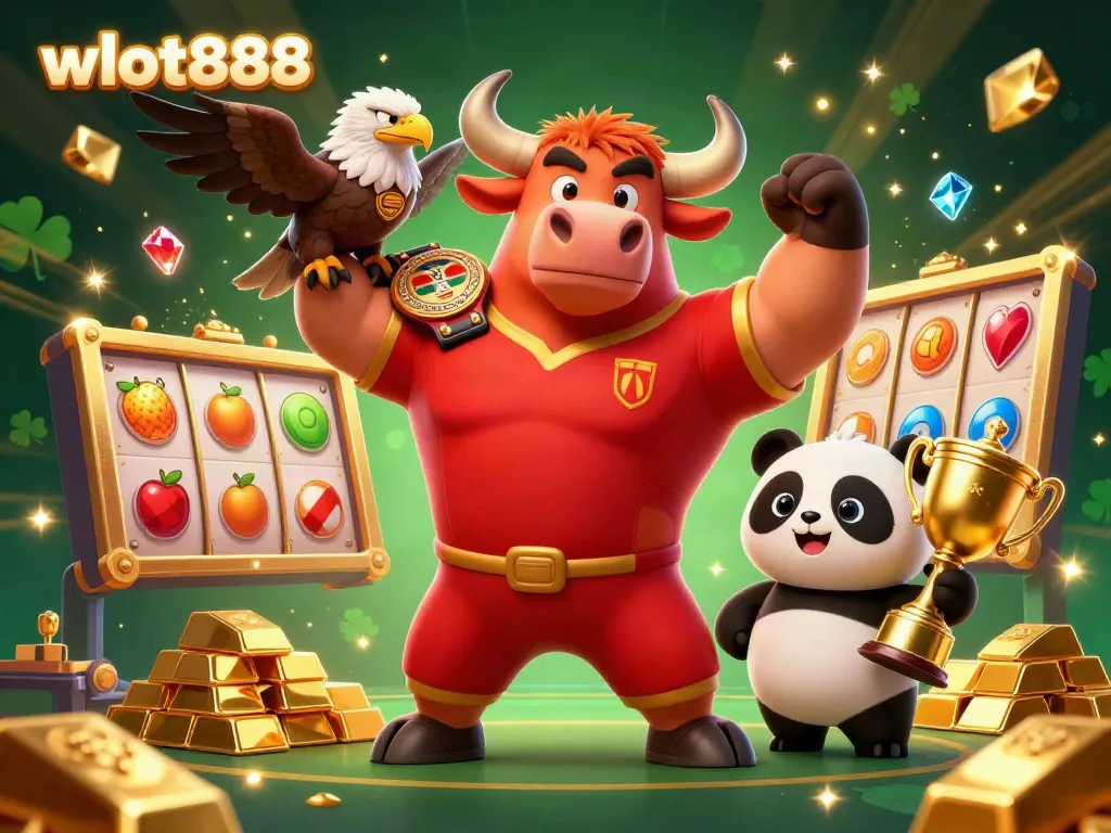 Wslot888 menjadi pusat keberuntungan dengan grafis slot emas dan karakter ceria dalam gambar kasino.