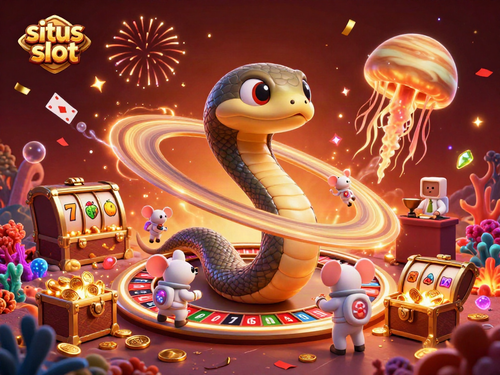 Engage with situs slot in a vibrant cosmic casino scene filled with animated characters and lively elements.