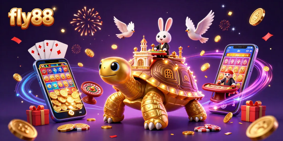Engage with fly88's vibrant casino scene featuring golden tortoise, rabbit dealer, and coins.