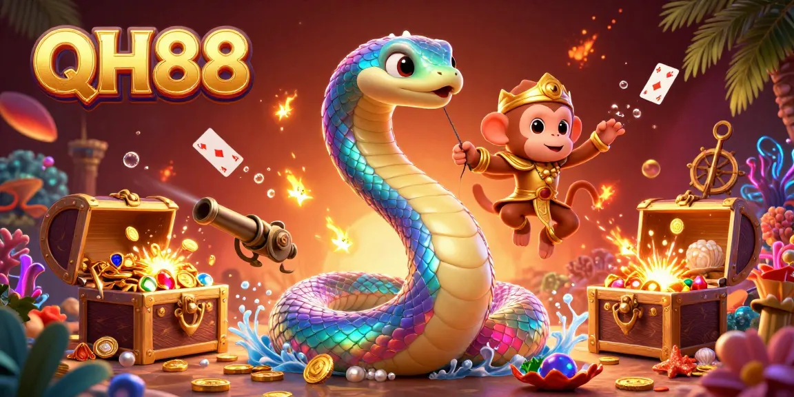 Engage in captivating online casino experiences with QH88's vibrant 3D illustration of the playful elements.