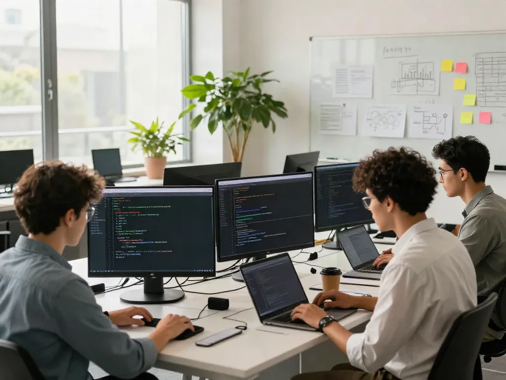 Developers collaborating in a vibrant office space, coding and brainstorming go!! ideas.