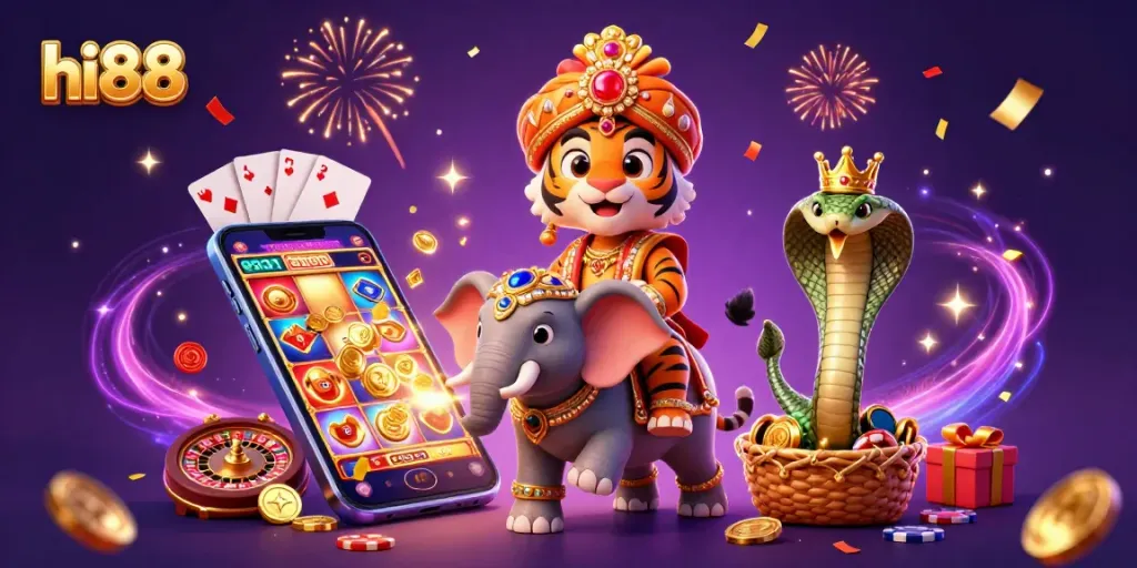 Experience hi88's vibrant gaming world with a majestic maharaja, elephant, and slot games.