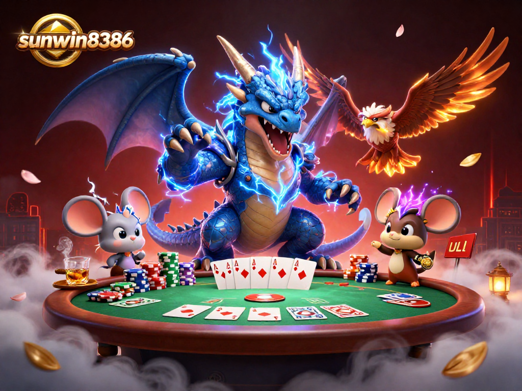 Experience exciting gameplay at sunwin8386 with a fierce dragon, hawk, and energetic casino elements.