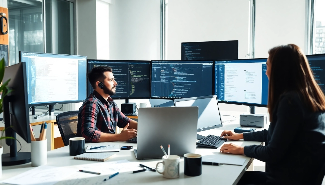Illustration of professionals engaged in Headless Shopify development in a modern office environment.