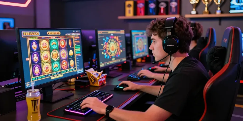 Slot gacor hari ini di ZEUS222 dengan pemain fokus pada game online, suasana gaming yang menarik.
