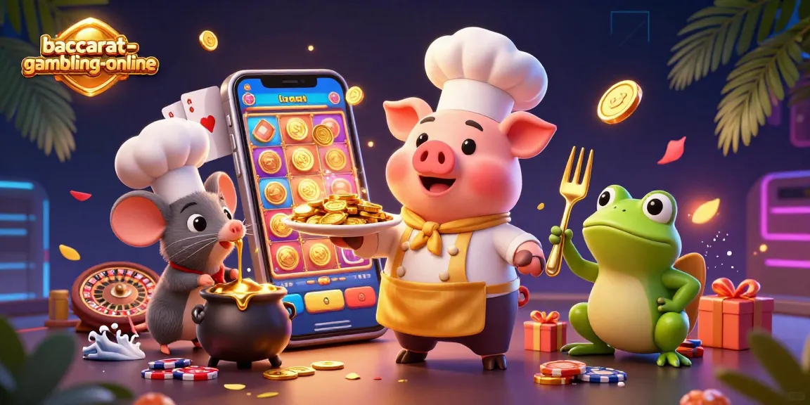 Engage with baccarat-gambling-online as a playful chef pig serves gold coins, showcasing a lively casino scene.