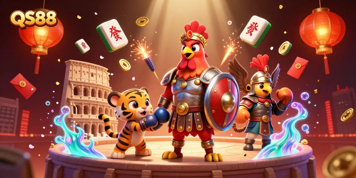 Experience thrilling gaming adventures at QS88 with a dynamic 3D illustration of vibrant casino elements.