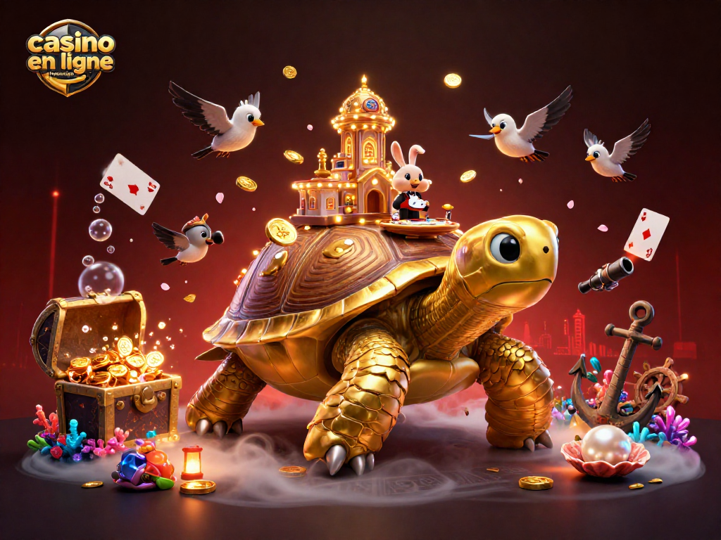 Visuel vibrant représentant le casino en ligne France légal avec une tortue géante et des éléments de jeux colorés.