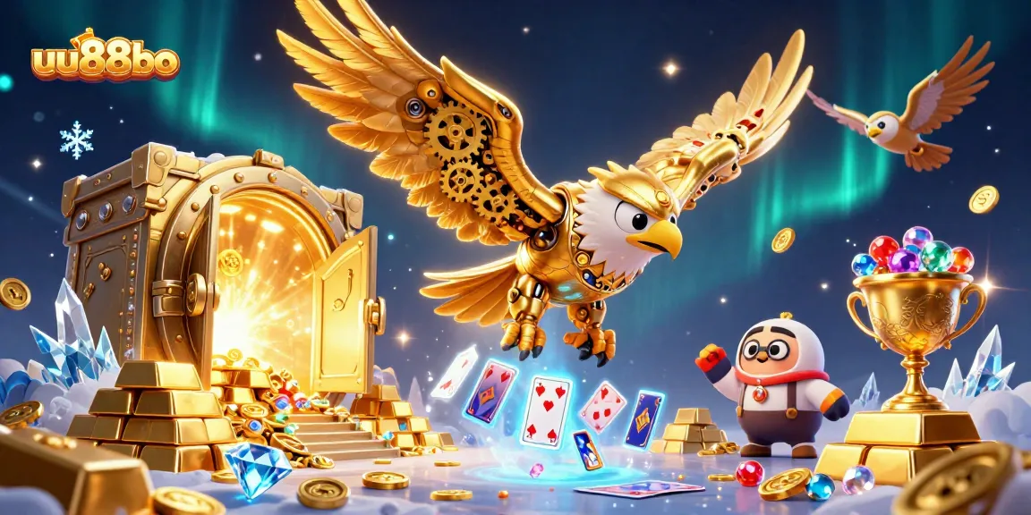 Experience exhilarating wins at uu88bo with a vibrant 3D golden eagle diving through holographic cards.