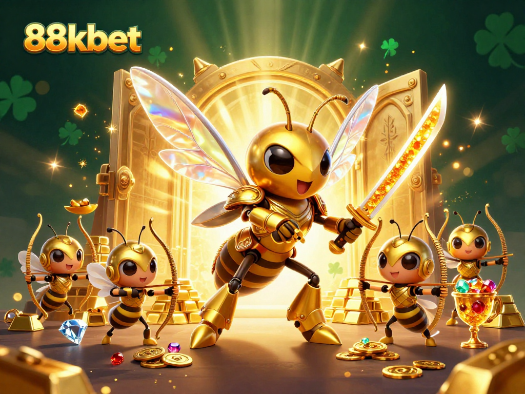 88kbet showcases a vibrant golden hornet and bee archers amidst a dazzling casino treasure scene.