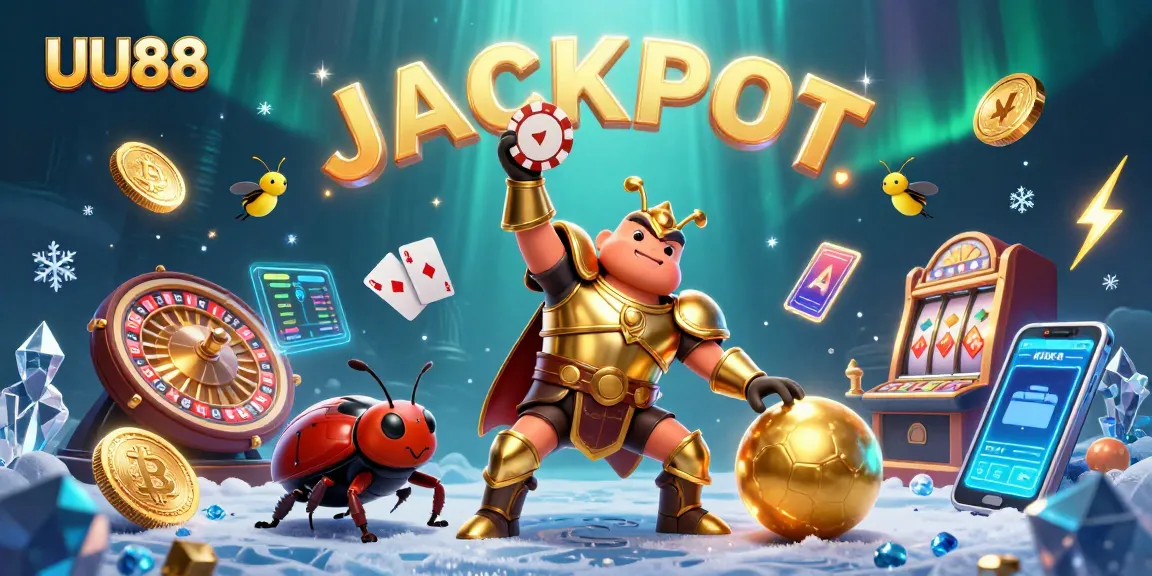 UU88 engages players in a thrilling jackpot moment, featuring vibrant casino elements and dynamic characters.