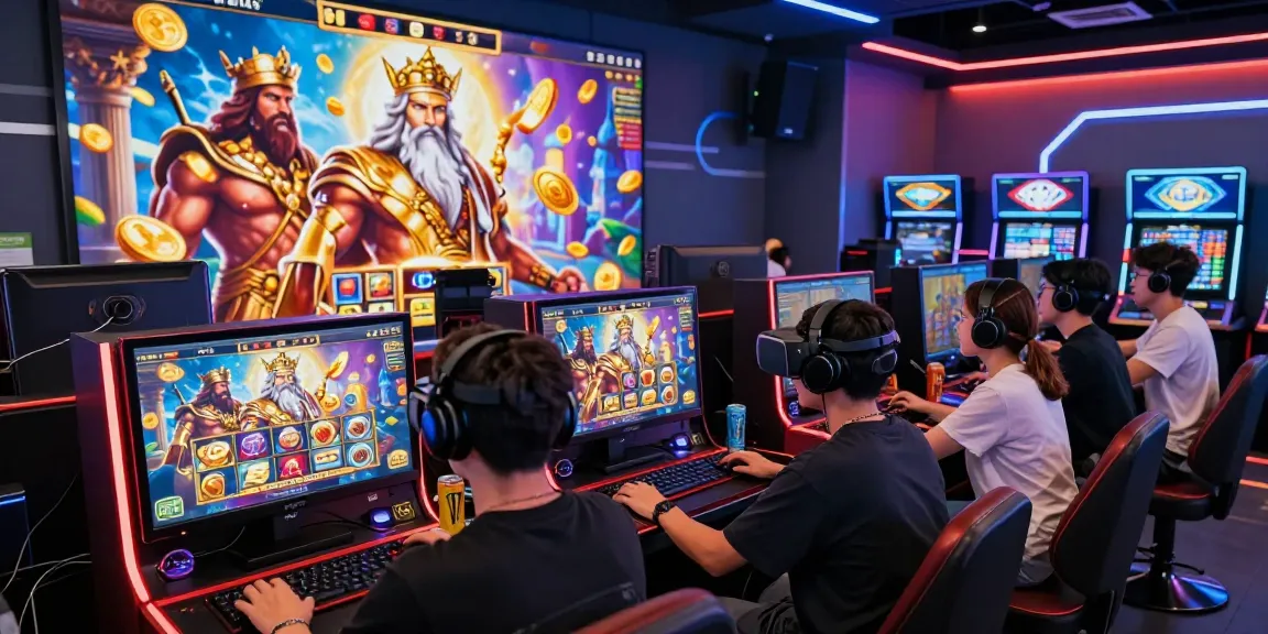Engaged players enjoying the situs 888 online gaming platform with Zeus-themed slots, vibrant visuals, and an exciting atmosphere.