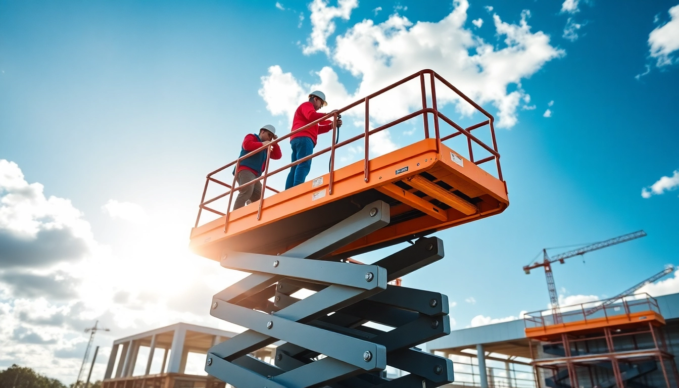 Workers operating a scissor lift in a bright outdoor construction environment.