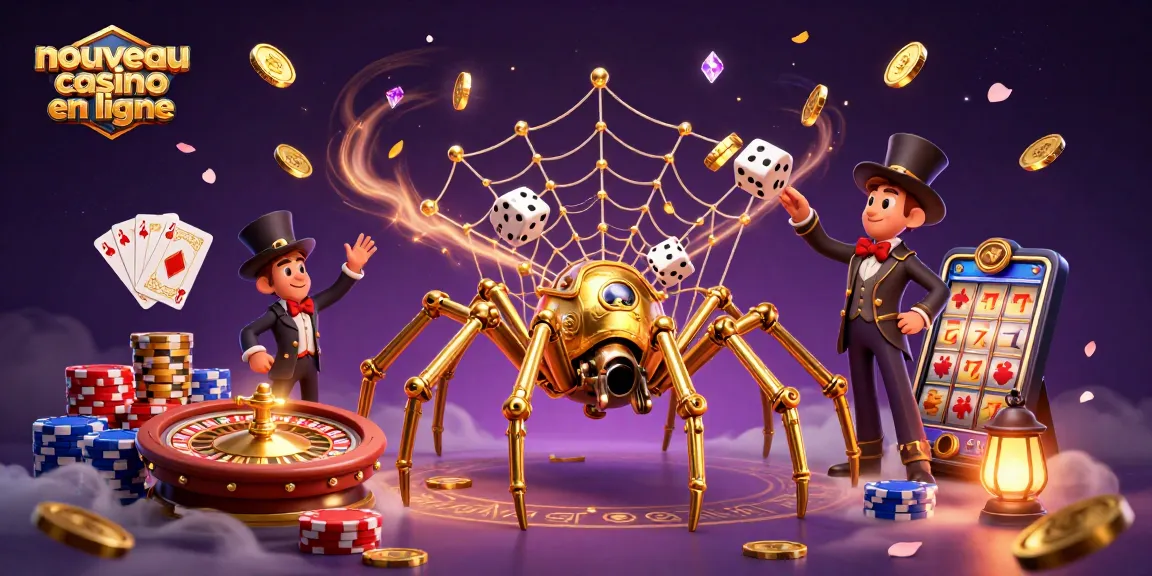 Visuel dynamique représentant le nouveau casino en ligne, avec une araignée steampunk captivant des dés et des jetons.