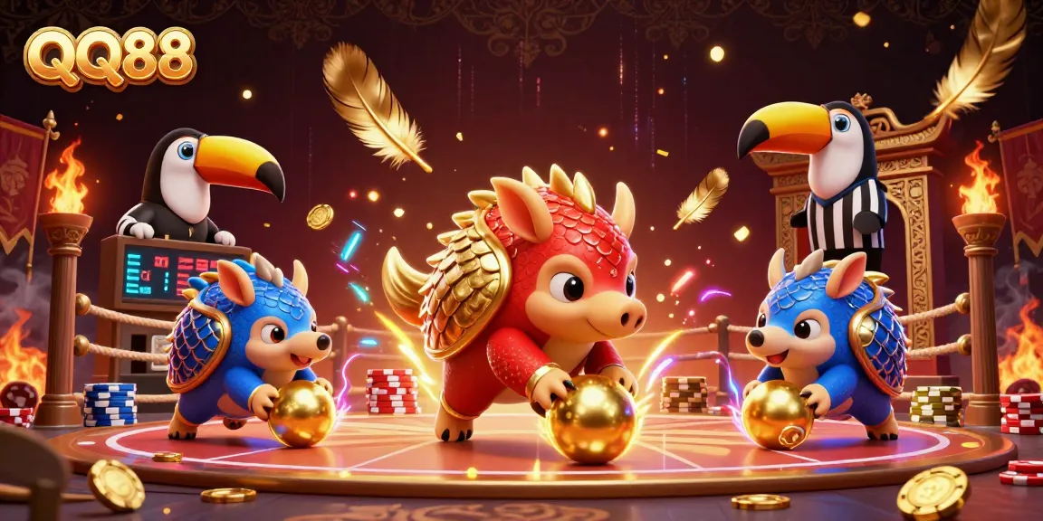 Engage in exciting gameplay at QQ88 with dynamic pangolins bowling through poker chips in a vibrant casino setting.