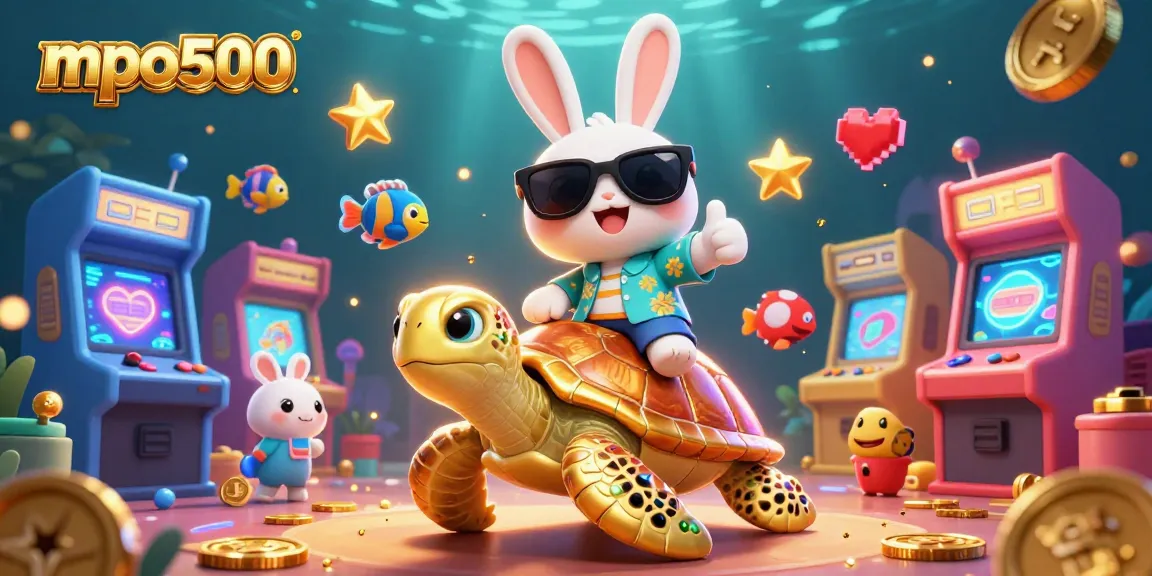 Join the adventure with mpo500 as the lucky rabbit celebrates wins on a giant sea turtle!