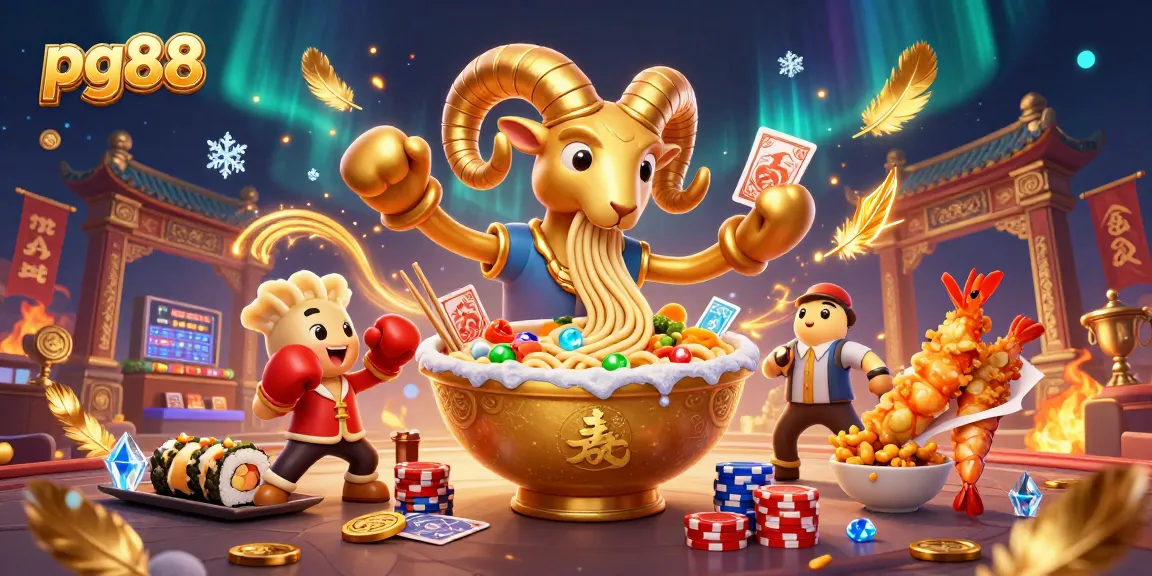 Experience pg88's vibrant betting action with a giant ramen bowl dealer and engaging gaming elements.
