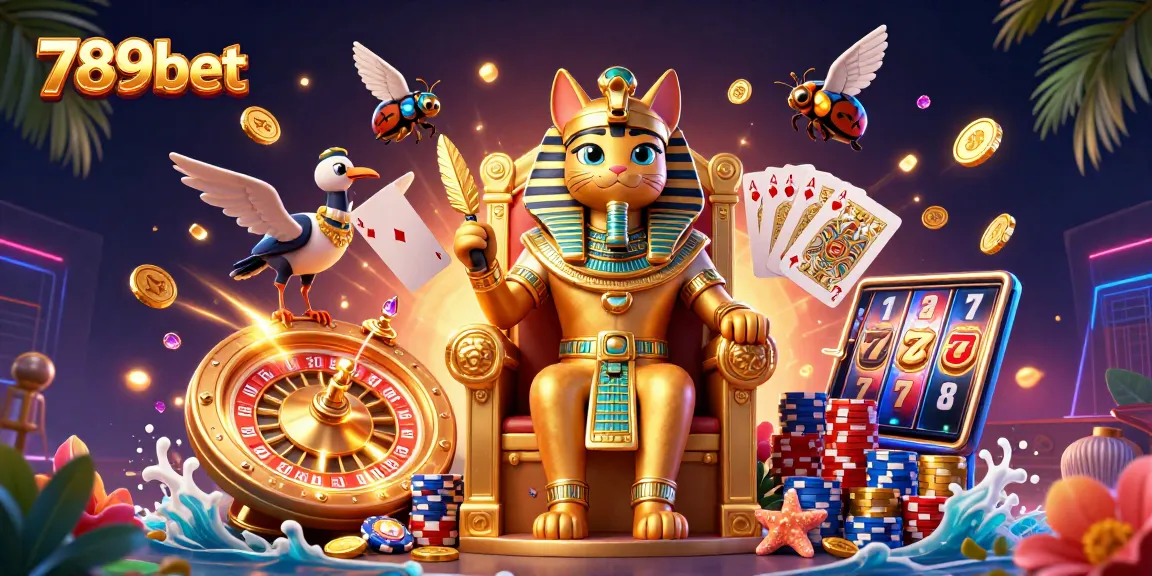 Engage with 789bet's thrilling games featuring a pharaoh cat amidst golden coins and festive decorations.