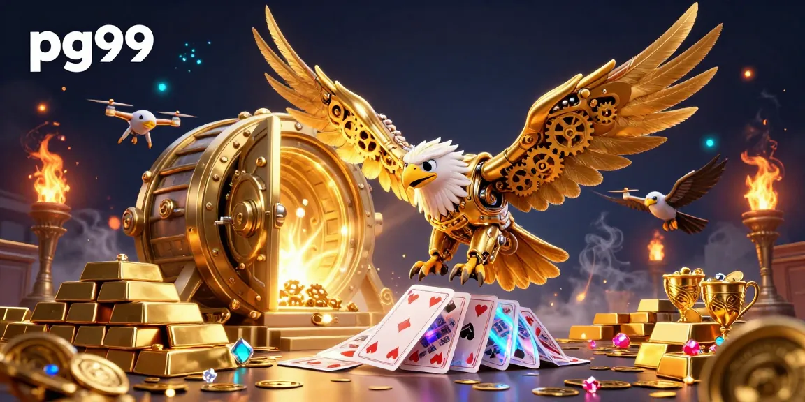 Experience thrilling gaming at pg99 with a vibrant 3D illustration featuring a golden eagle amidst holographic playing cards.