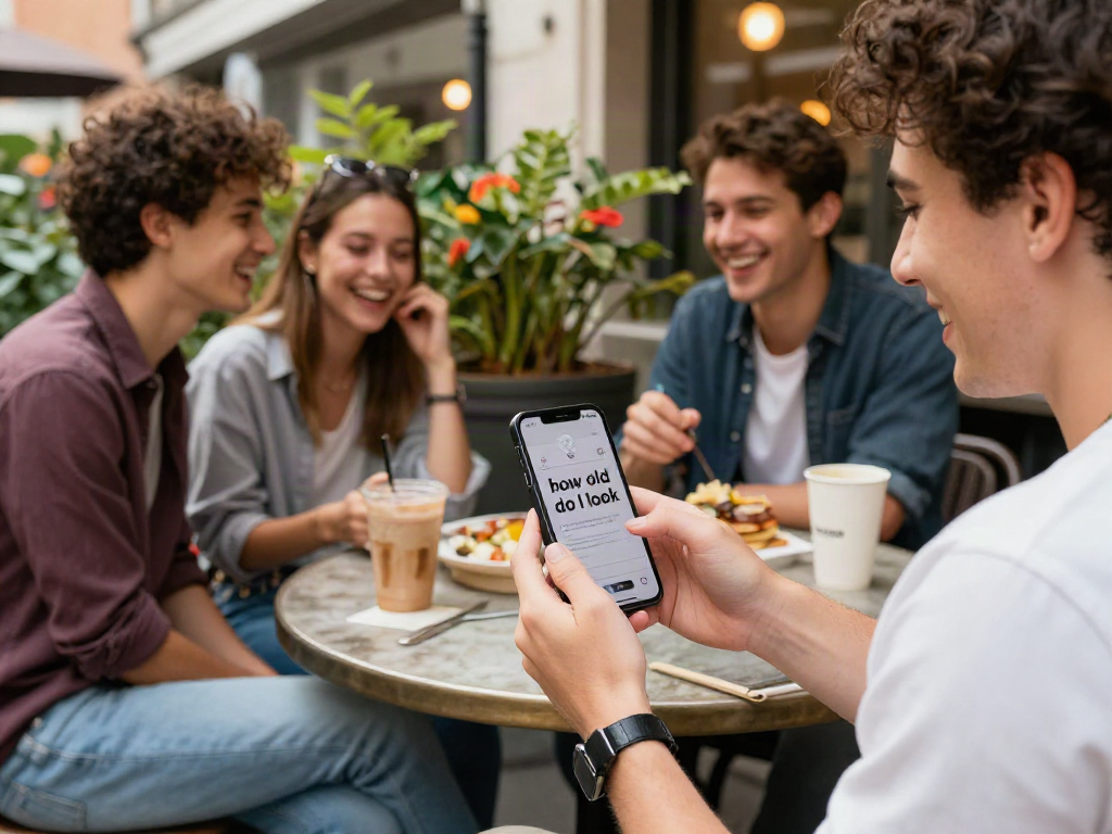 Young adult using the "how old do I look" app at a café table with friends.