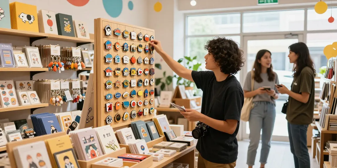 Browse unique custom enamel pins in a vibrant store setting showcasing colorful merchandise.