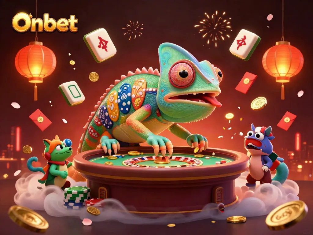Onbet casino illustration featuring a vibrant chameleon casino owner surrounded by rich game elements and festive decorations.