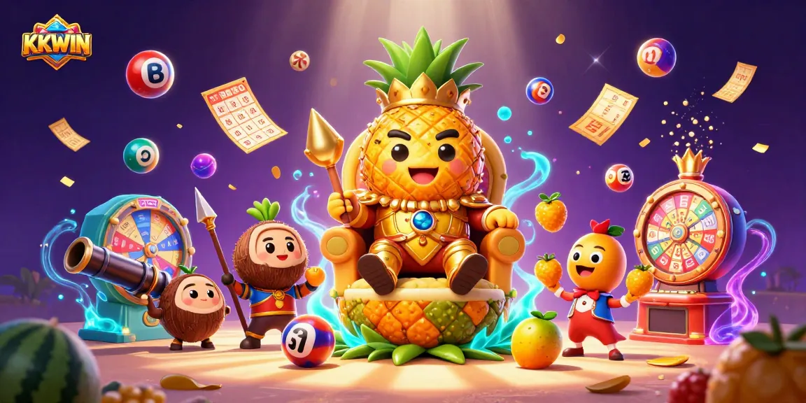 Experience thrilling games at KKWIN with vibrant lottery elements and a unique pineapple king.