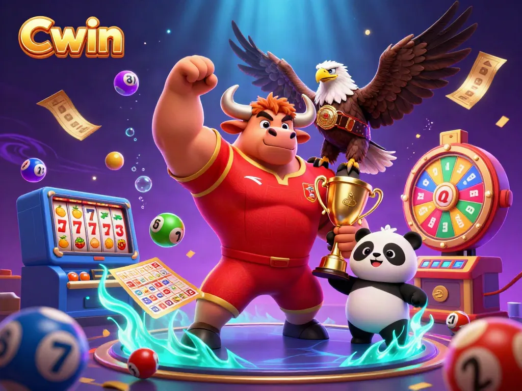 Cwin showcases a dynamic 3D casino scene featuring a bull mascot, eagle, and panda amidst vibrant lottery elements.