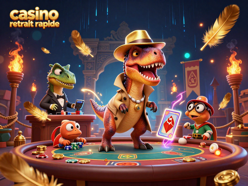 Jouer au casino retrait rapide avec un velociraptor card counter esquivant le regard d'un pit boss stegosaurus.