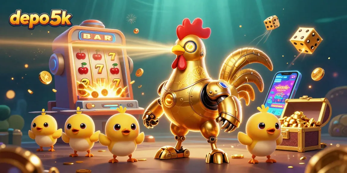 Slot depo 5k dengan robot ayam emas futuristik yang memancarkan cahaya, penuh dengan penawaran permainan menarik.