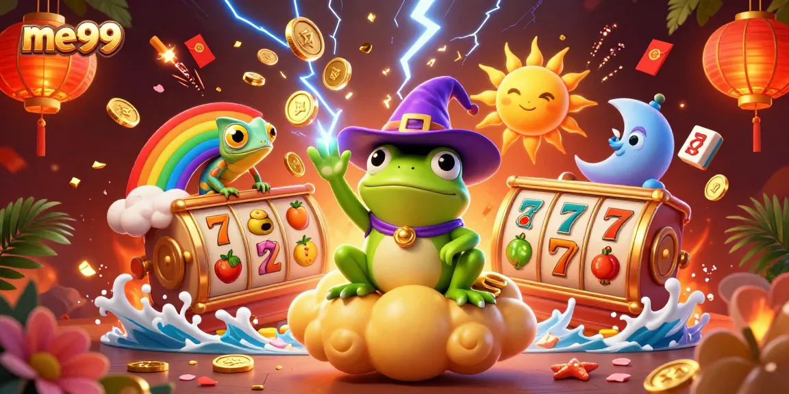 Win big at me99 with a lively 3D illustration of a frog wizard and a chameleon in an animated casino setting.