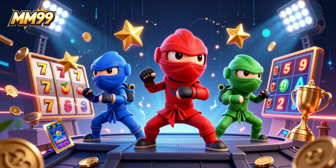 Experience MM99 excitement with ninja chameleons amidst vibrant slot action in 3D.