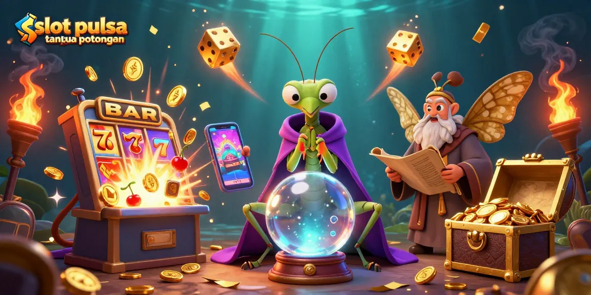 Memenangkan jackpot slot pulsa tanpa potongan dengan karakter unik dan suasana kasino yang hidup.