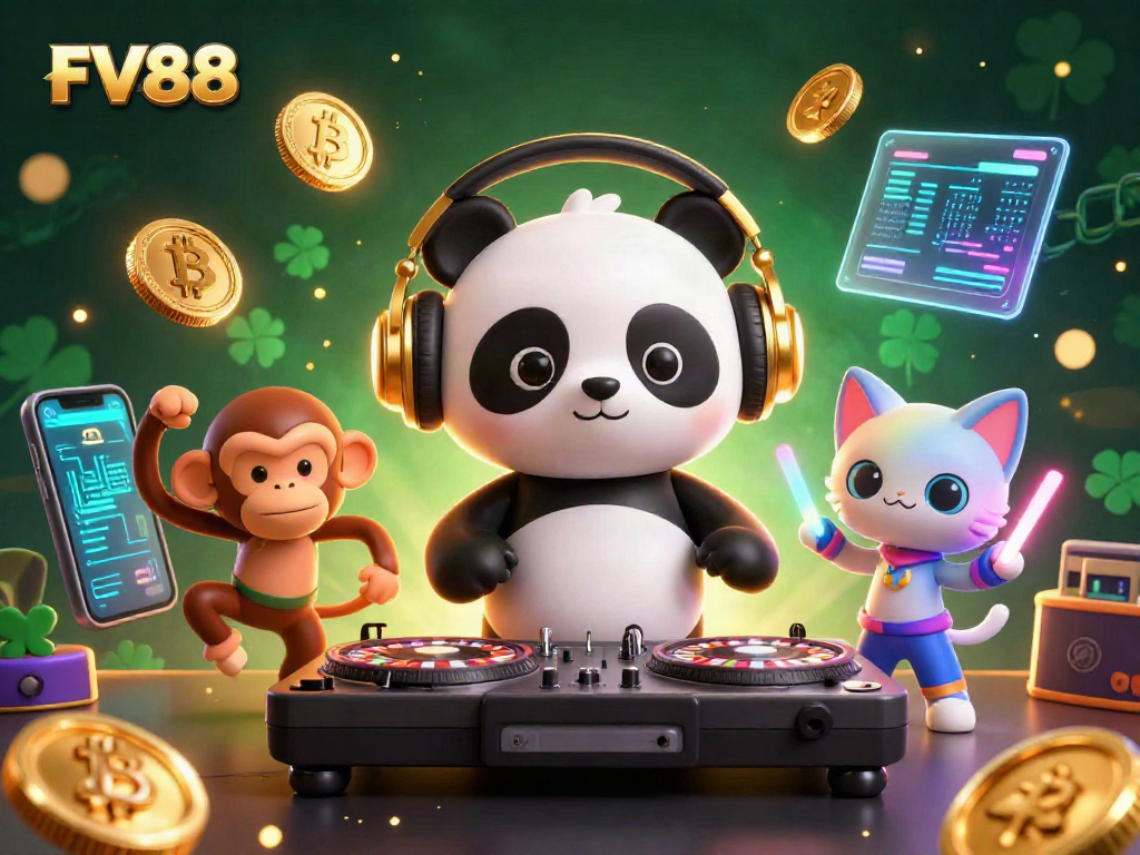 Spin into excitement at FV88 with our cartoon DJ panda and lively casino scene.