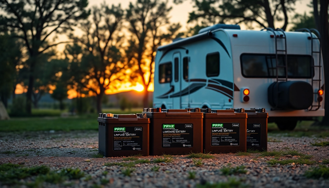 Showcase of high-performance lithium RV batteries ideal for adventurous camping.