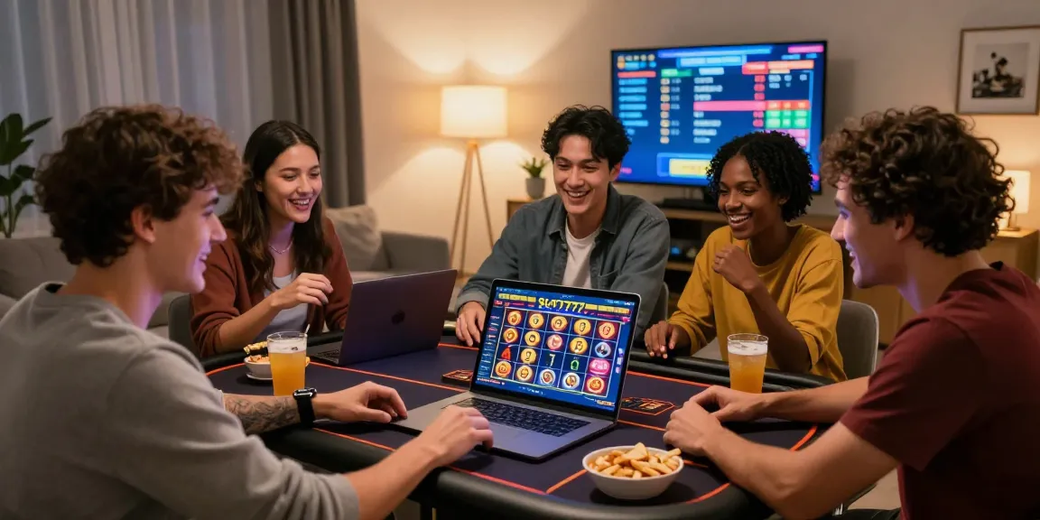 Friends enjoying slot 777 gaming together in a lively living room setting, showcasing excitement and community.