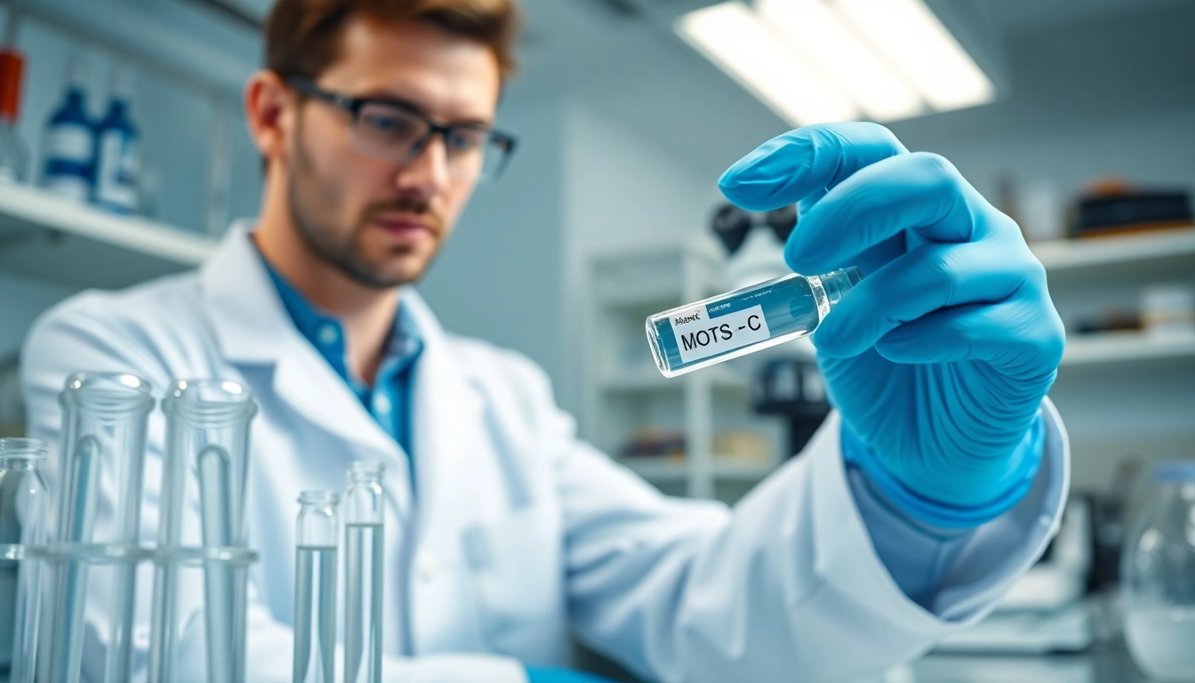 Buy MOTS-C peptide while a researcher analyzes its properties in a modern laboratory.
